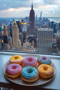 A set of doughnuts on a table near a window with the city in the background . National Doughnut Day.