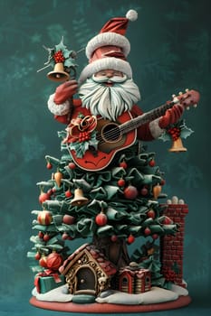 A festive Christmas decoration featuring a statue of Santa Claus playing a guitar in front of a beautifully decorated Christmas tree