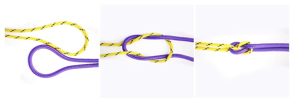 Sailor, knot and how to tie with rope in tutorial, guide or info steps to connect string for security. Creative, pattern and template instructions to loop textile thread in chain with strong link.