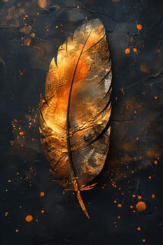 One golden feather highlighted on a black background. Illustration.