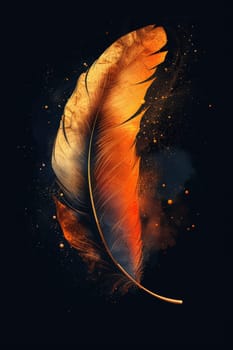 One golden feather highlighted on a black background. Illustration.