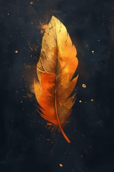 One golden feather highlighted on a black background. Illustration.