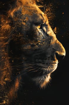 portrait of a lion's head on a black background. The illustration.