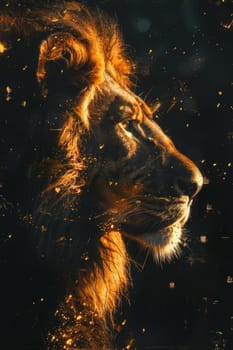 portrait of a lion's head on a black background. The illustration.