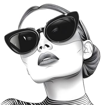 A monochromatic illustration of a stylish woman sporting sunglasses, a trendy eye glass accessory for both coolness and vision care