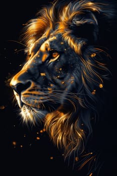 portrait of a lion's head on a black background. The illustration.