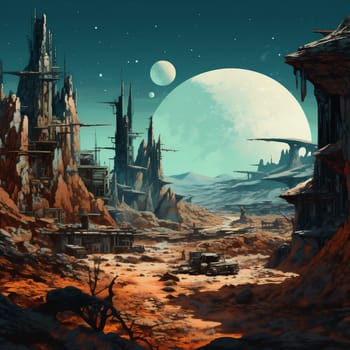Space background, World collapse, Doomsday Scene Concept Illustration. Video Game's Digital CG Artwork, Concept Illustration with Ruins. Destroyed City against the Backdrop of Sunset. Huge Yellow Sun in the Red Sky,