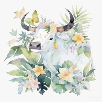 Cute Bull in Tropical Leaves. Illustration of Ox Animal in Pastel Colors. Taurus Isolated on White Background.
