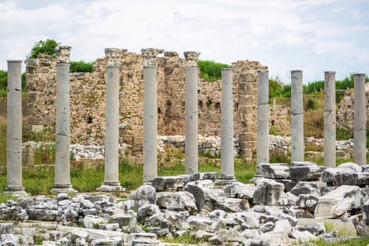 Restored ancient architectural ruins and columns of the ancient city of Side