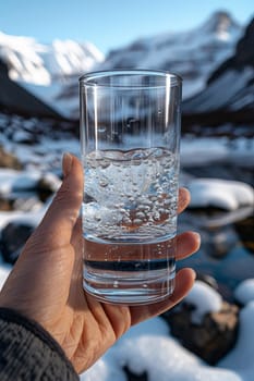 Transparent glass glass with drinking mountain water in hand on the background of a mountain river. The concept of drinking mineral water.
