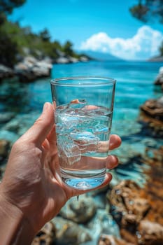 Transparent glass glass with drinking mountain water in hand on the background of a mountain river. The concept of drinking mineral water.