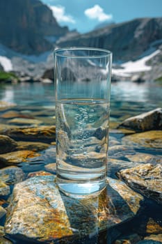 A transparent glass glass with drinking mountain water on the background of a mountain river . The concept of drinking mineral water.