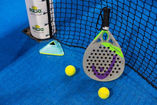 Ukraine Kyiv, April 13 2024. Paddle tennis objects and court. High quality photo
