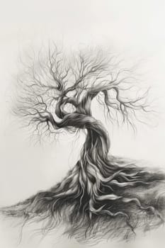 A stylized tree drawn in black pencil on a white background.