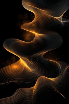 Abstract shiny gold wave design element with glitter effect on a black background.