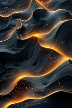 Abstract shiny gold wave design element with glitter effect on a black background.