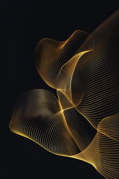 Abstract shiny gold wave design element with glitter effect on a black background.