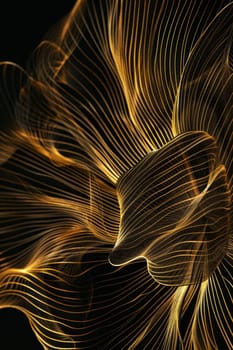 Abstract shiny gold wave design element with glitter effect on a black background.