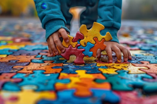 The child collects a colorful puzzle. Autism Recognition Day. The Art of Studying Autism.