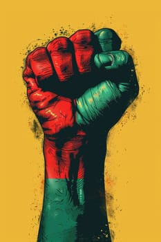 A fist symbolizing the abolition of slavery on a yellow isolated background. Illustration.