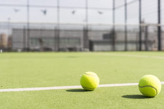 Bright greenish, yellow tennis ball on freshly painted court. High quality photo