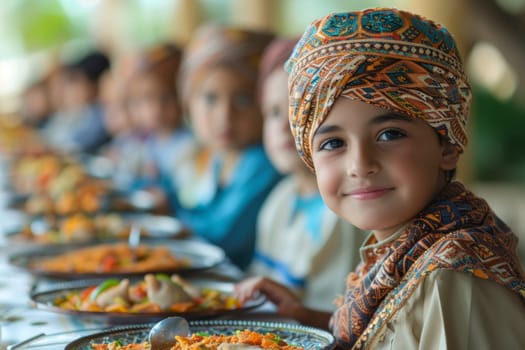 the boy at the table. Traditional Middle Eastern dishes of Arabic cuisine for the Eid al-Adha holiday.