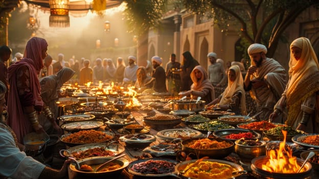 People eat at the table. Traditional Middle Eastern dishes of Arabic cuisine for the Eid al-Adha holiday.