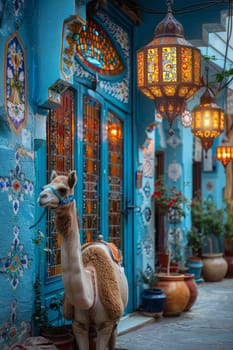 Decorative Arabic lanterns with burning candle hanging in the city . Holiday card, invitation to the Eid al-Adha, the holy holiday for Muslims.