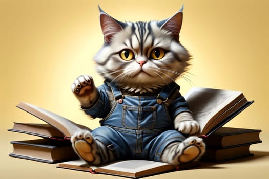 cute cat in denim overalls among books .