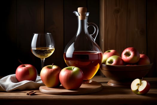 homemade apple wine in a glass and in a decanter on a background of green apples .