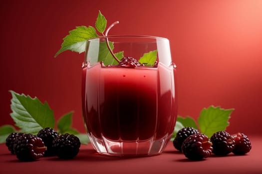 mulberry juice in a glass isolated on a red background .