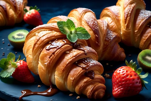 sweet pastries, croissants with strawberries and other fruits .