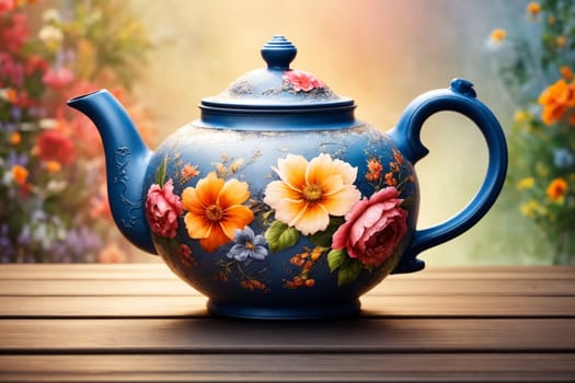 colored iron teapot with flowers, floral tea, in light pastel colors .