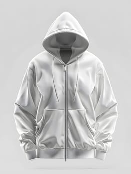 A white hoodie with a zipper, featuring a hood and long sleeves, on a crisp white background. Perfect outerwear for a casual yet stylish look