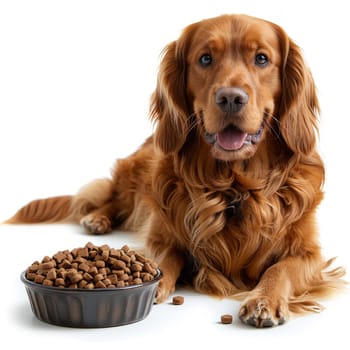 Front view of cocker spaneial dog with a bowl of food isolated on white background.