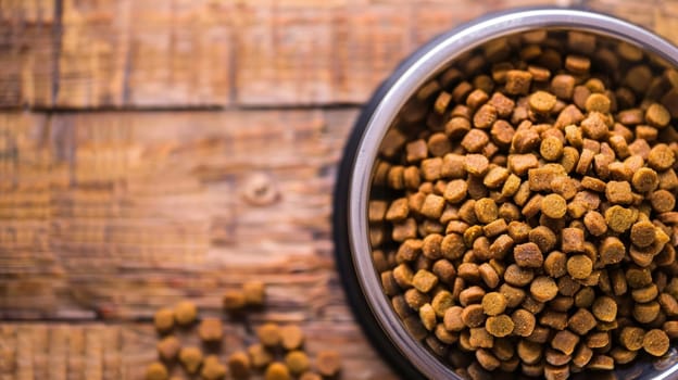 top view of a bowl of dry dog food isolated on wooden background with copy space.