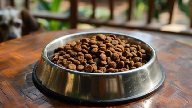 Close up front view of bowl full of dog food.