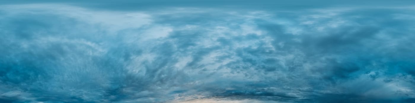 Dramatic overcast sky panorama with dark gloomy Cumulonimbus clouds. HDR 360 seamless spherical panorama. Sky dome in 3D, sky replacement for aerial drone panoramas. Weather and climate change