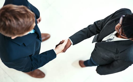 Diversity, handshake and partnership with business people in office for agreement or deal from above. Meeting, thank you or welcome with man and woman employee shaking hands in workplace for contract.