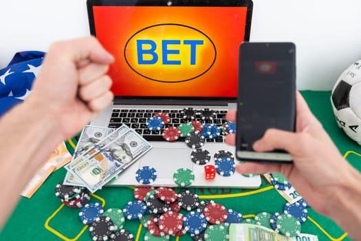 Gambling online casino Internet betting concept green screen. smartphone with poker chips, dice. Jackpot, casino chips. High quality photo