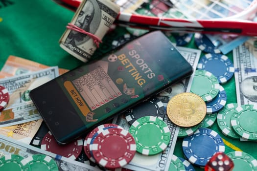 Poker new cards with various chips and money are laid out on a green playing poker table. Poker concept. Game concept. High quality photo