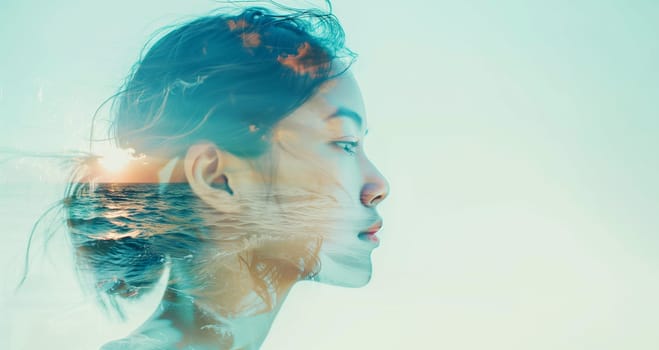 Double exposure portrait profile of calm thoughtful asian woman with sea coast at sunset, inspiration, nature concept