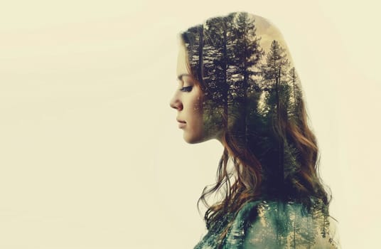 Double exposure portrait profile of calm thoughtful woman with forest, trees, nature concept