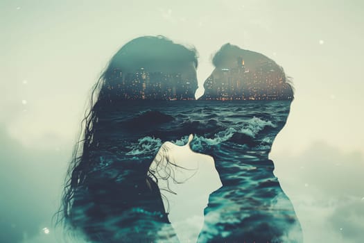 Double exposure portrait profile of kissing couple, woman and man, relationship concept. Sea coast with waves