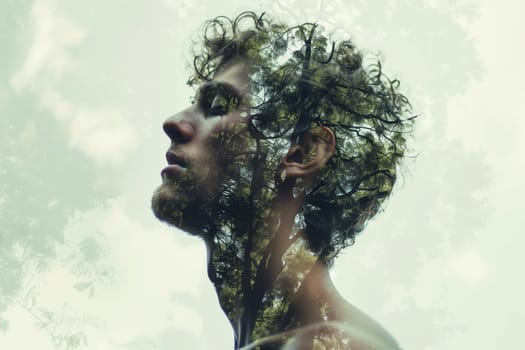 Double exposure portrait profile of calm thoughtful man with forest, trees, nature concept