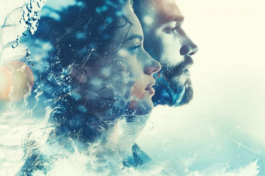 Double exposure portrait profile of calm thoughtful couple, woman and man, relationship concept. Sea coast with waves