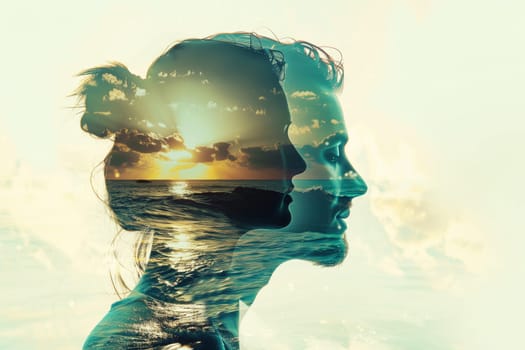 Double exposure portrait profile of calm thoughtful couple, woman and man, relationship concept. Sea coast with waves