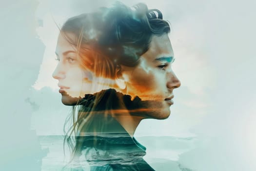 Double exposure portrait profile of calm thoughtful couple, woman and man, relationship concept. Sea coast with waves