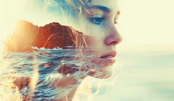 Double exposure portrait profile of calm thoughtful woman on sea coast with waves, inspiration, nature concept