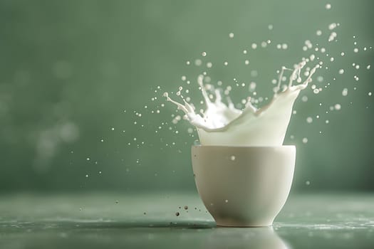 A liquid is spilling out of a cup, creating a mess on the table. The porcelain drinkware is now serving a splash of fluid, possibly water or milk